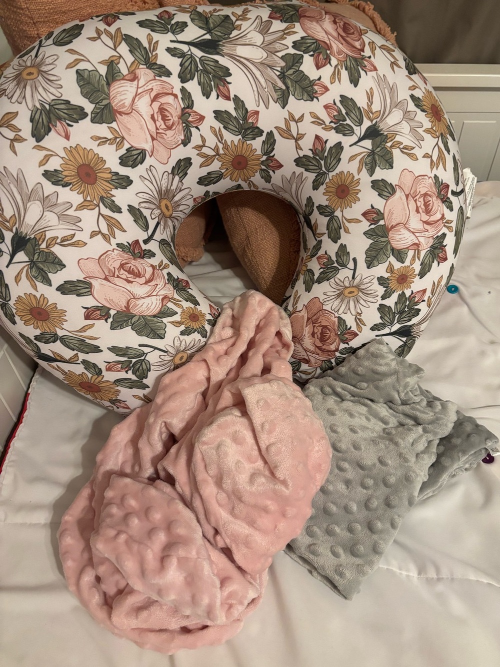 Floral Boppy Nursing Pillow with Extra Pink & Gray Minky Covers